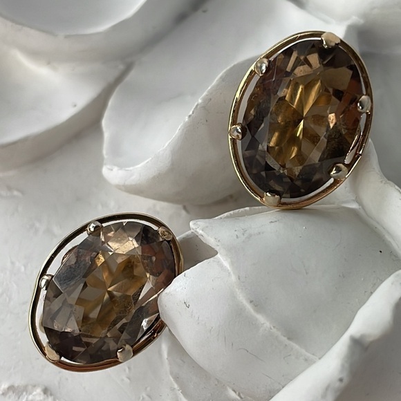 Large Gold Tone Oval Smokey Quartz Cufflinks Vintage - Picture 5 of 8
